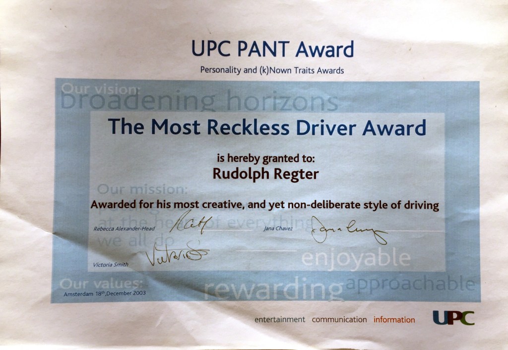 De UPC Pant Award. Rebecca Alexander-Head was een top vrouw die steeds in was voor gekkigheid en ook een schitterende redhead was.